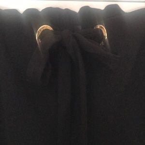 Anne Klein black pants pull on elastic waist, attached gold belt Petite XL